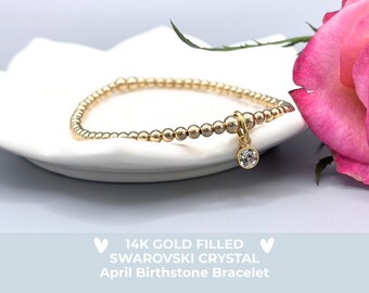 April Birthstone Bracelet: 14K Gold Filled Beaded Jewellery, Swarovski Crystal Charm