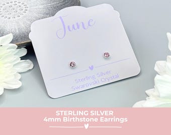 Sterling Silver June Birthstone Stud Earrings, Alexandrite Swarovski Crystal, Dainty Pink Earrings Gift
