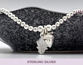 Sterling Silver Oak Leaf Acorn Bracelet, Silver Beaded Bracelet, Nature Charm Jewellery
