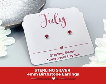 Sterling Silver July Birthstone Earrings, Ruby Red Swarovski Crystal Studs