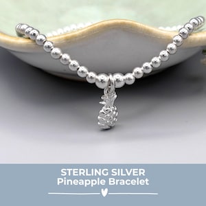 Sterling Silver Pineapple Charm Bracelet: Dainty Beaded Tropical Jewellery