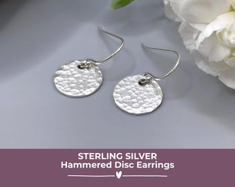 Sterling Silver Textured Circle Earrings, Hammered Disc Design