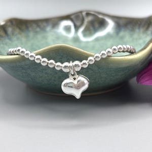 Sterling Silver Heart Bracelet, Silver Beaded Heart Charm Bracelet, Stacking Bracelet, Stretch Bracelet