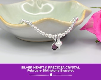 Silver February Birthstone Bracelet, Heart & Amethyst Preciosa Crystal Charms