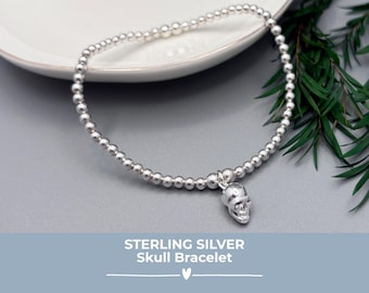 Sterling Silver Skull Charm Bracelet, Beaded Gothic Punk Bracelet