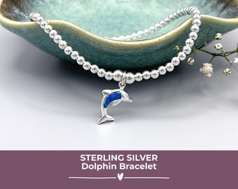 Sterling Silver Dolphin Bracelet: Blue Opal Inlay, Beaded Ocean Charm