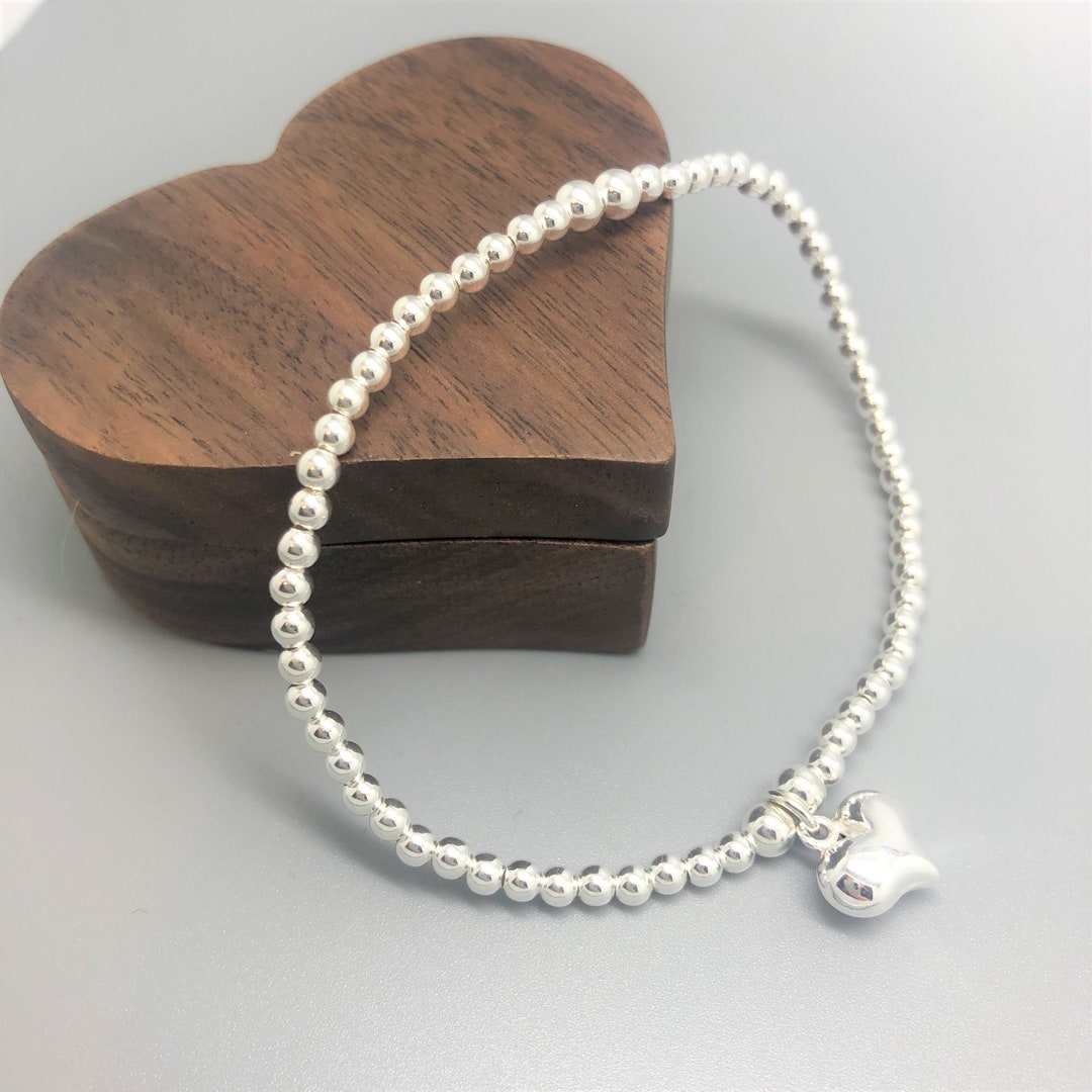 Sterling Silver Puffed Heart Bracelet, Silver Beaded Heart Charm