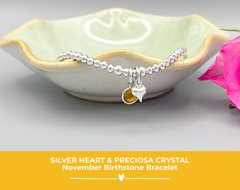 Silver November Birthstone Bracelet, Heart & Topaz Preciosa Crystal Charms