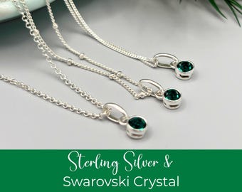 May Birthstone Necklace, Sterling Silver Emerald Swarovski Crystal, Birthday Gift for Her, Minimalist Jewellery
