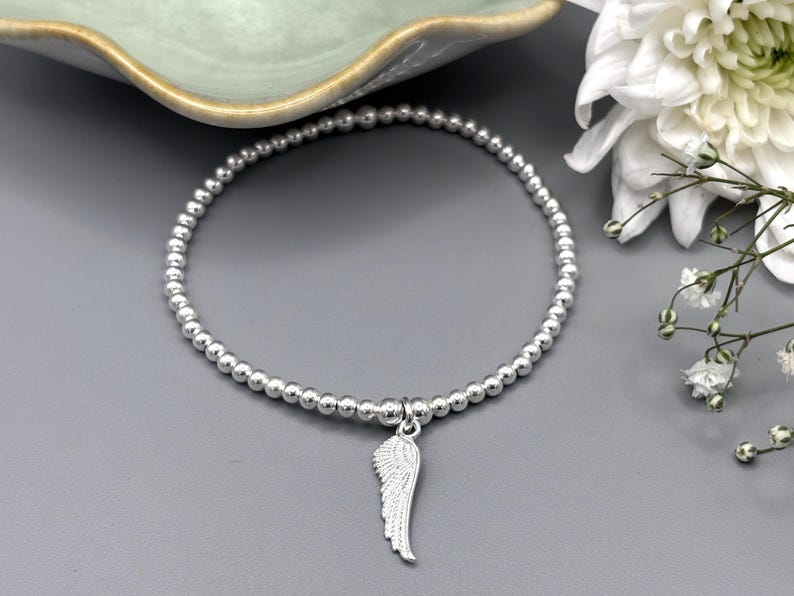 Sterling Silver Angel Wing Bracelet, Beaded Stacking Jewellery, Memorial Bracelet image 4