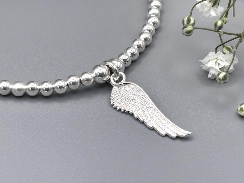 Sterling Silver Angel Wing Bracelet, Beaded Stacking Jewellery, Memorial Bracelet image 6