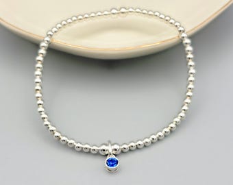 September Birthstone Bracelet, Sterling Silver Beaded Bracelet with Sapphire Swarovski Crystal, Birthday Gift for Her