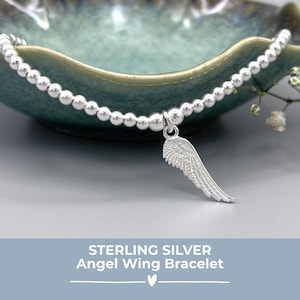 Sterling Silver Angel Wing Bracelet, Beaded Stacking Jewellery, Memorial Bracelet image 1
