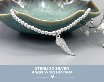 Sterling Silver Angel Wing Bracelet, Beaded Stacking Jewellery, Memorial Bracelet