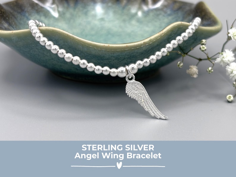 Sterling Silver Angel Wing Bracelet, Beaded Stacking Jewellery, Memorial Bracelet image 1
