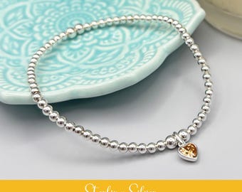 Sterling Silver November Birthstone Bracelet, Topaz Swarovski Crystal Heart Charm