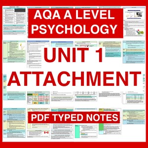 May include: AQA A Level Psychology Unit 1 Attachment PDF Typed Notes. A colorful poster with a red, white, and blue color scheme. The poster has a large title that reads "AQA A Level Psychology Unit 1 Attachment" and a smaller title that reads "PDF Typed Notes".