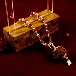 Original 5 Mukhi Rudraksha Mala With Flower Silver Capping with 15 MM Rudraksha OM Pendant 925 Hallmarked Silver