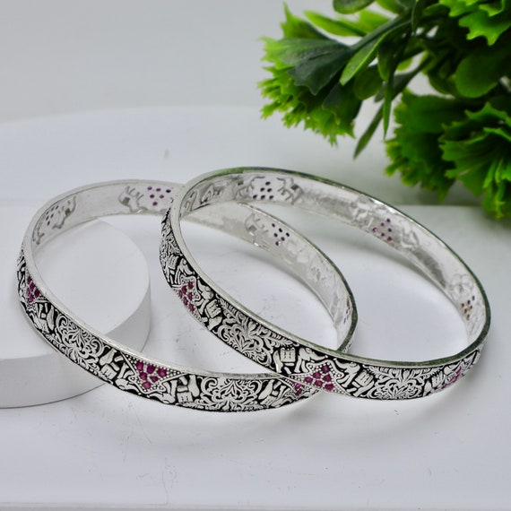 925 Pure Sterling Silver Handmade Oxidised Silver Bangles Set for