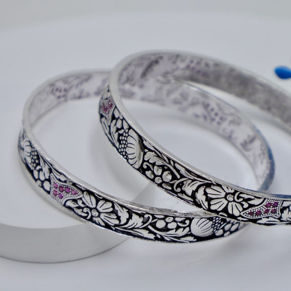 925 Pure Sterling Silver Handmade Oxidised Silver Bangles Set for