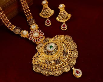 Original Gold 916 Traditional Necklace Earring Set for Women