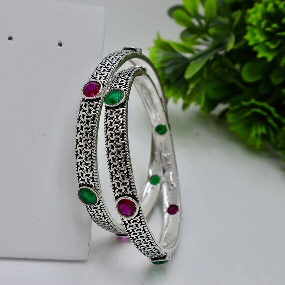 925 Pure Sterling Silver Handmade Oxidised Silver Bangles Set for