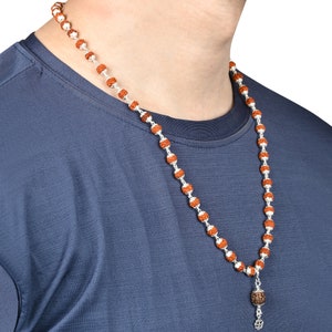 Original 5 Mukhi Rudraksha Mala With Flower Silver Capping with 6.00 MM  Natural Rudraksha OM Pendant with 925 Hallmarked Silver