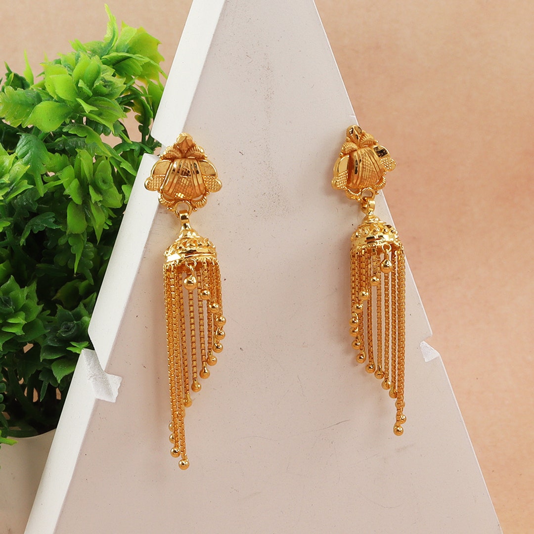 22 Karat Gold Jhumka Earring for Women With Hanging Chains Indian