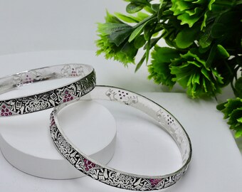 925 Pure Sterling Silver Handmade Oxidised Silver Bangles Set for