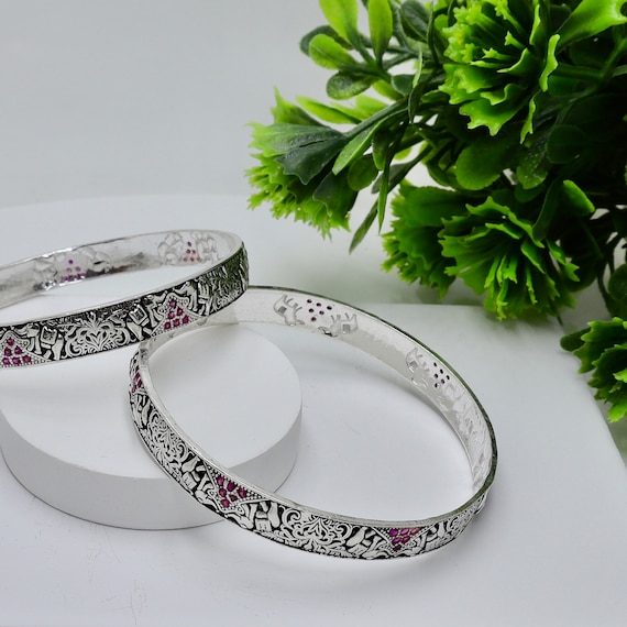 925 Pure Sterling Silver Handmade Oxidised Silver Bangles Set for