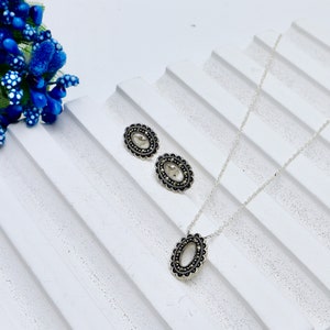 Conjunto de brincos e colar de prata 925 para mulheres, joias de dama de honra, brincos e colar, conjunto de colar de marcasite, presente para ela
