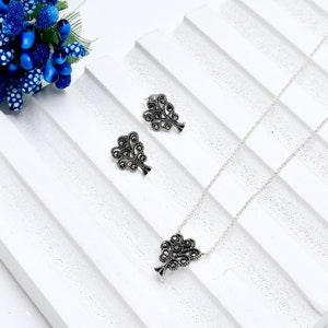 Conjunto de brincos e colar de prata 925 para mulheres, joias de dama de honra, brincos e colar, conjunto de colar de marcasite, presente para ela