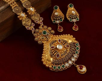 Original Gold 916 Traditional Necklace Earring Set for Women