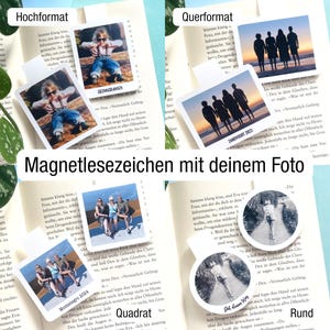 Es sind Magnetlesezeichen in vier Formaten zu sehen. Jedes Format nimmt jeweils 1/4 des Bildes ein und wird mit den Texten "Hochformat", "Querformat", "Quadrat" und "Rund" beschrieben. In der Mitte steht der Text: "Weitere Formate im Shop verfügbar“.