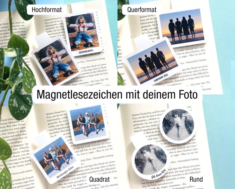 Es sind Magnetlesezeichen in vier Formaten zu sehen. Jedes Format nimmt jeweils 1/4 des Bildes ein und wird mit den Texten "Hochformat", "Querformat", "Quadrat" und "Rund" beschrieben. In der Mitte steht der Text: "Weitere Formate im Shop verfügbar“.