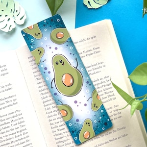 Kawaii Avocado Lesezeichen, laminiertes Lesezeichen aus Papier, handgemachtes Lesezeichen mit freundlicher Avocado, matt laminiert