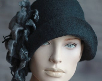 Black cloche hat, Felt hat women ,Vintage style hats for women, Retro hat, Victorian hat, Gatsby hat, Miss Fisher hat