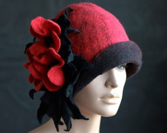 Red cloche hat, Felt hat women ,Vintage style hats for women, Retro hat, Victorian hat, Gatsby hat, Miss Fisher hat