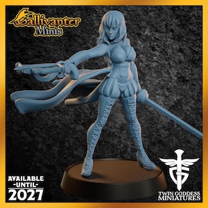 A 3D model of a female character with long hair and a flowing cape, holding a sword and standing on a platform.