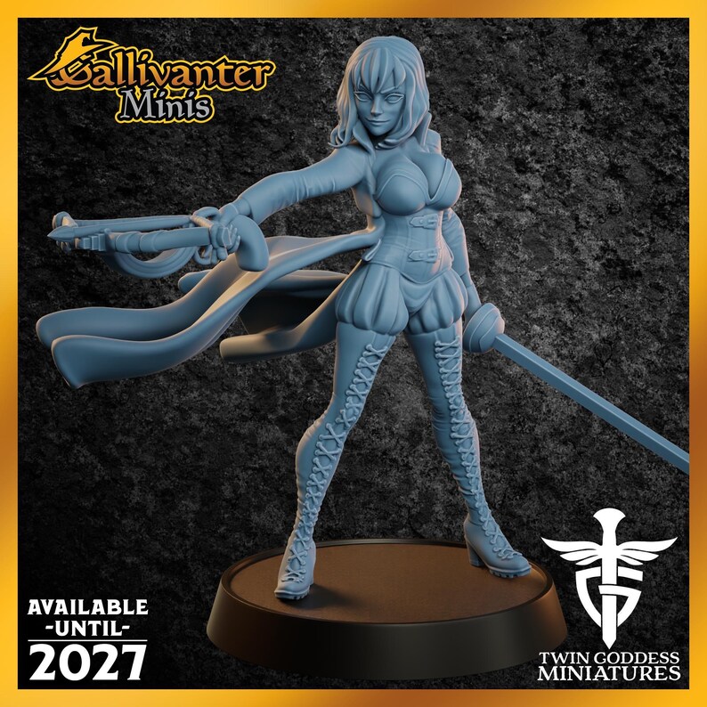 A 3D model of a female character with long hair and a flowing cape, holding a sword and standing on a platform.
