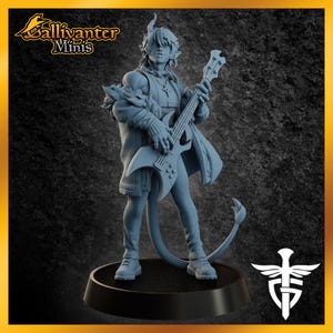 May include: A light blue miniature figure of a person with horns and a tail, holding an electric guitar. The figure is wearing a jacket and boots, standing on a black base. The text "Gallivanter Minis" is visible in the upper left corner.