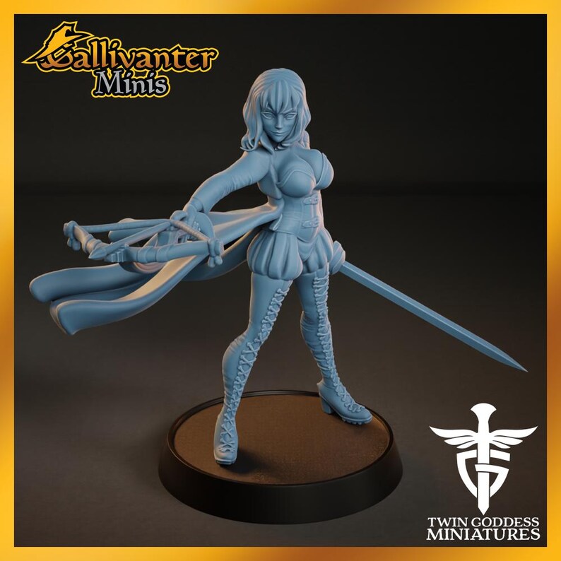 A figurine of a female character with a sword, standing on a platform and holding a shield.