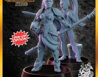 Phoenix Guard Beauty, Female Human Knight Pinup Miniature, Fighter with Sword & Spear for Adult Fantasy RPG
