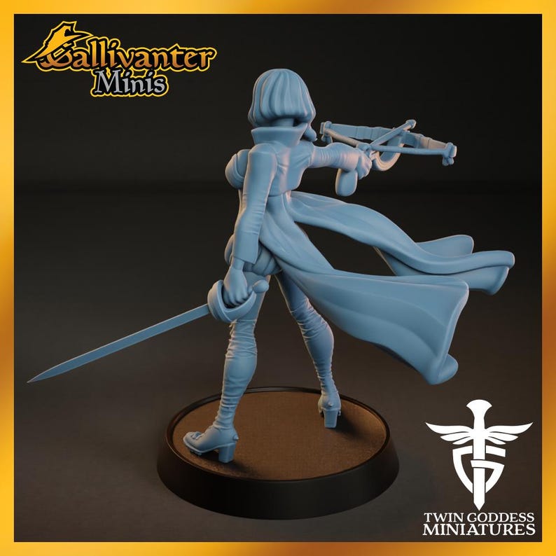 A figurine of a woman holding a sword and shield, standing on a platform.