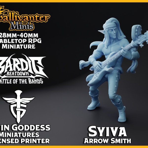 Syiva, Elf Bassist of Arrow Smith | Twin Goddess Miniatures: Bardic Beatdown | 28mm 32mm DnD Resin Tabletop Mini