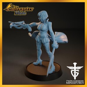 A 3D model of a female character with a sword and shield, standing on a platform.