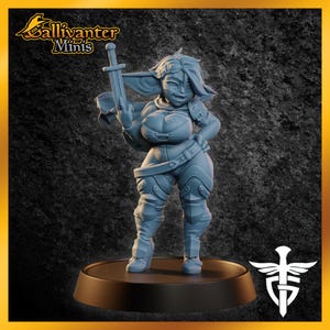 Meryl, figura de rol de fantasía estilo pin-up de una pícara goblin femenina, creada por Twin Goddess Miniatures.