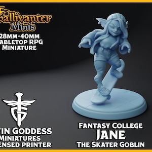 Jane, the Goblin Skateboarder | Twin Goddess Miniatures: Fantasy College Vol.01 | 28mm 32mm 35mm 40mm Resin Gaming Figurine
