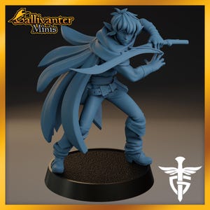 May include: A light blue miniature figure of a fantasy character in a dynamic pose, holding a sword. The figure is wearing a hooded cloak, belt, and boots. The base is black, and the figure has the text "Gallivanter Minis" on the top left.