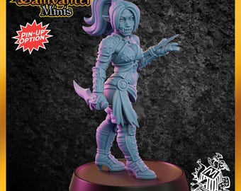 May include: A light blue, unpainted resin miniature figure of a warrior with a high ponytail, wearing studded armor and a mask, holding a small blade in each hand. The figure stands on a circular base, with text reading Gallivanter Minis and Pin-Up Option.
